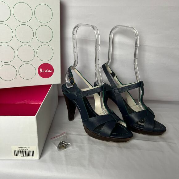Boden Navy Blue Leather Strappy Open Toe Heels Women’s Size 38 Summer Sandal - Picture 9 of 13